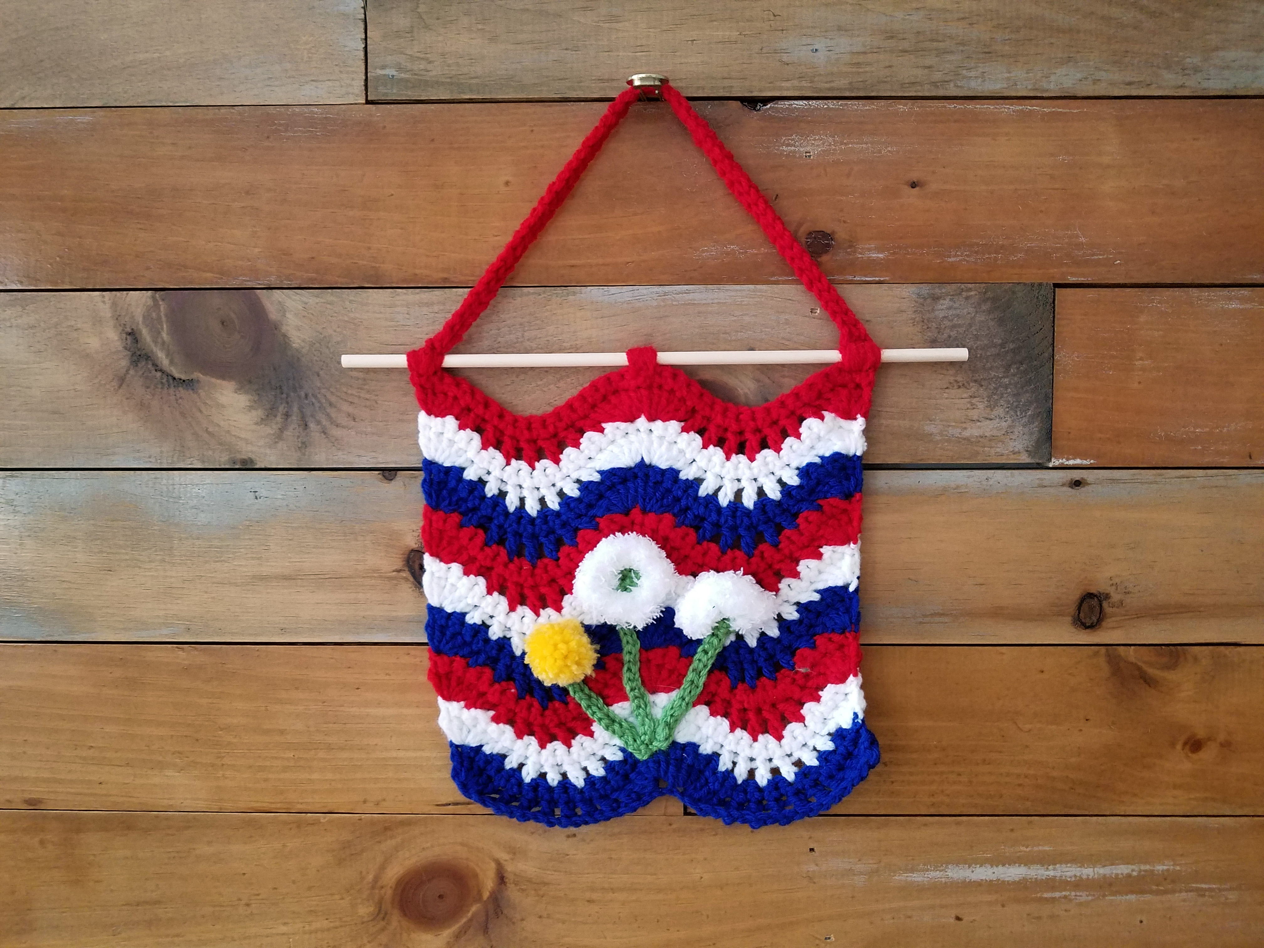 Crochet Flag, red, white, blue, with 3 dandelion appliques
